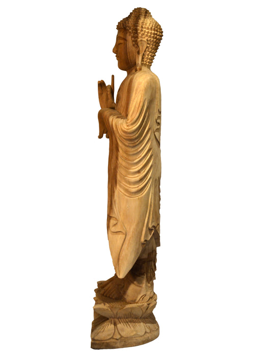 Hand carved wooden standing Buddha
