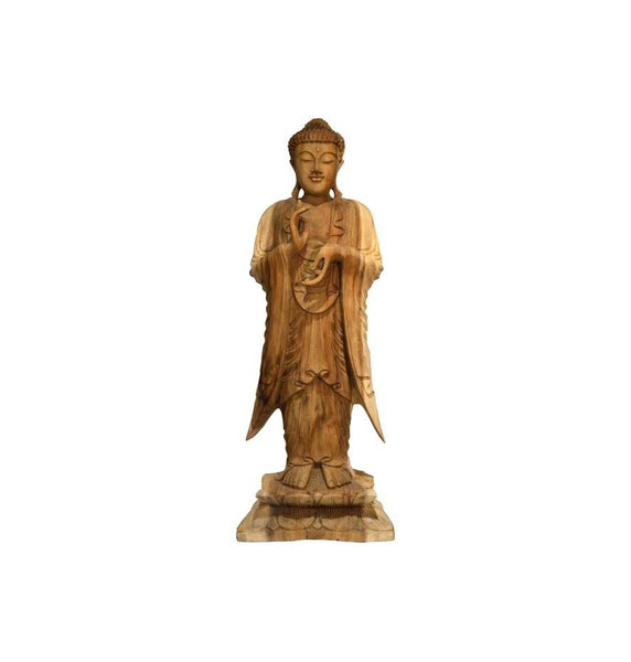Hand carved wooden standing Buddha